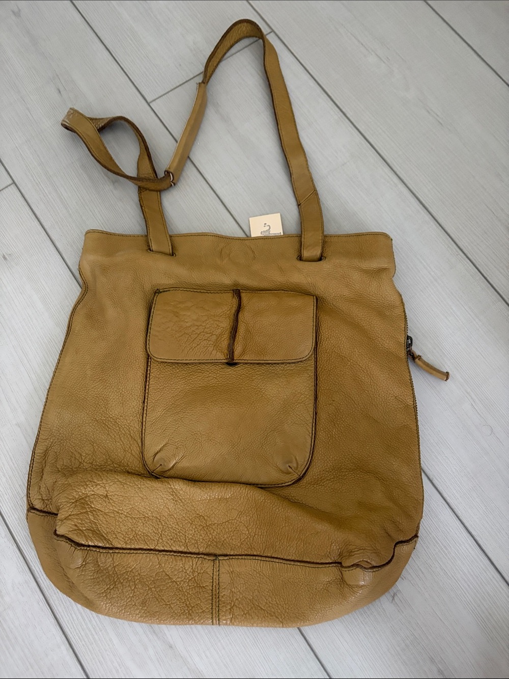 Soft Tan Leather Tote Bag with Front Pocket